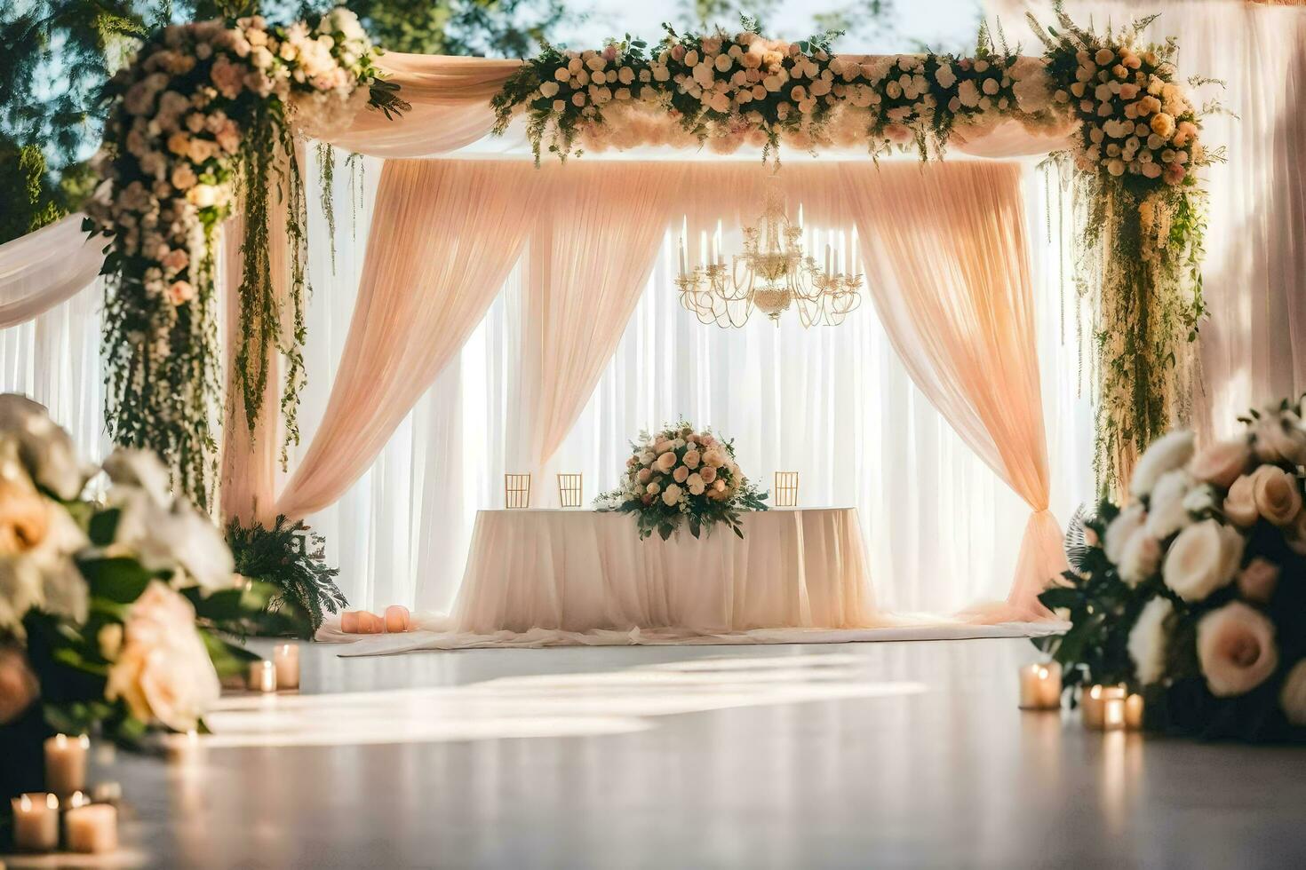 en bröllop ceremoni med en blommig båge. ai-genererad foto