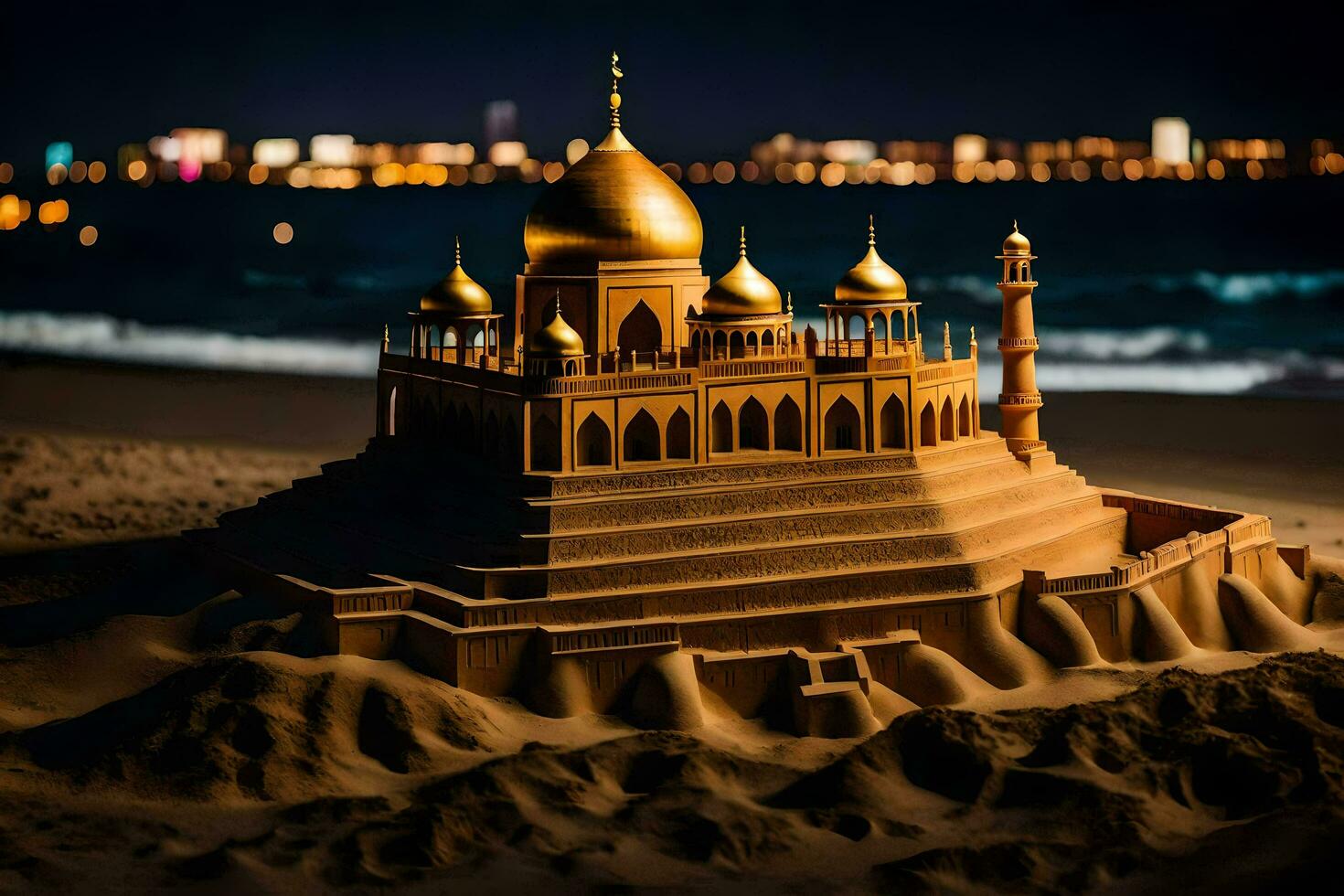 en sand slott på de strand på natt. ai-genererad foto