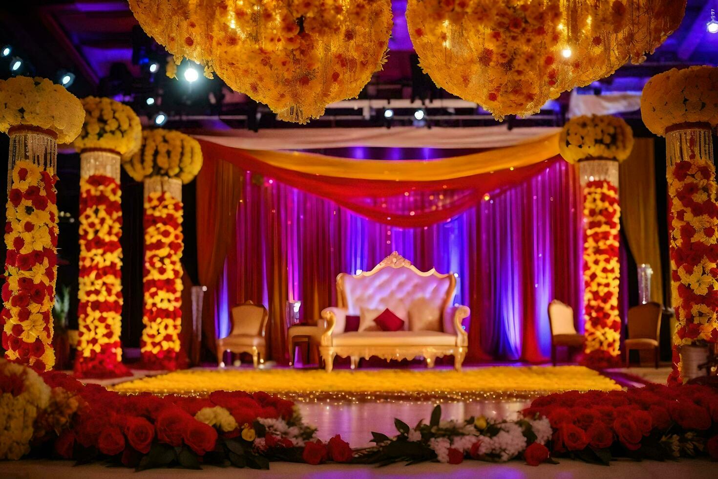 ett indisk bröllop skede dekorerad med blommor och ljus. ai-genererad foto