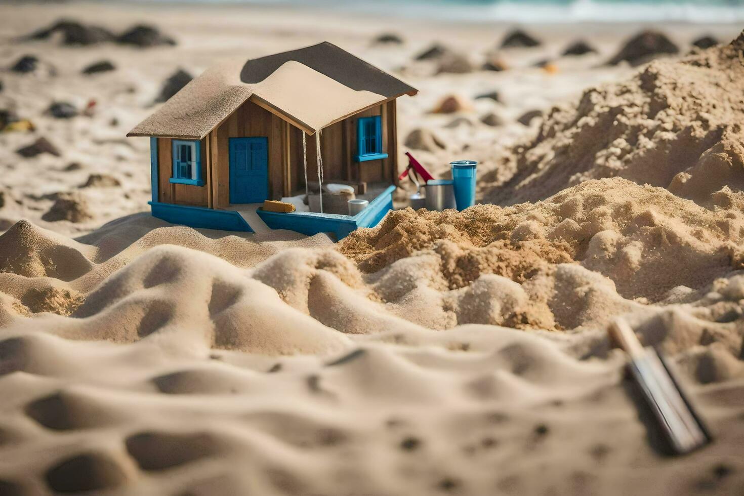 en miniatyr- hus på de strand med sand och en skyffel. ai-genererad foto