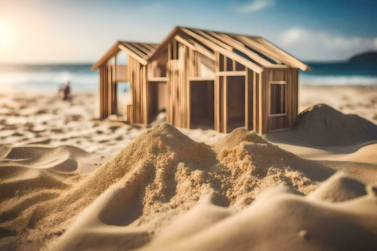 en miniatyr- trä- hus på de strand. ai-genererad foto