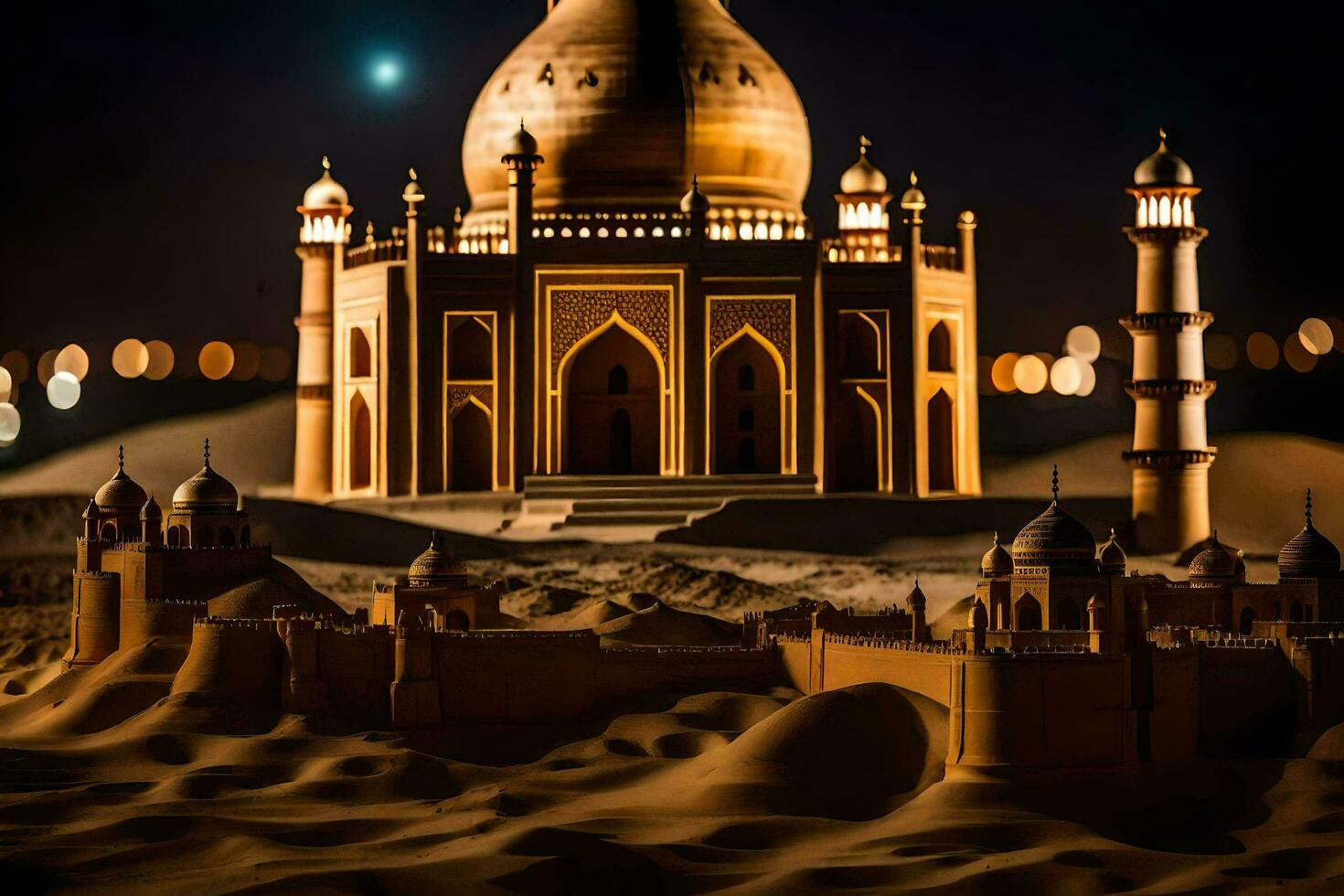 de taj mahal är belyst upp på natt. ai-genererad foto