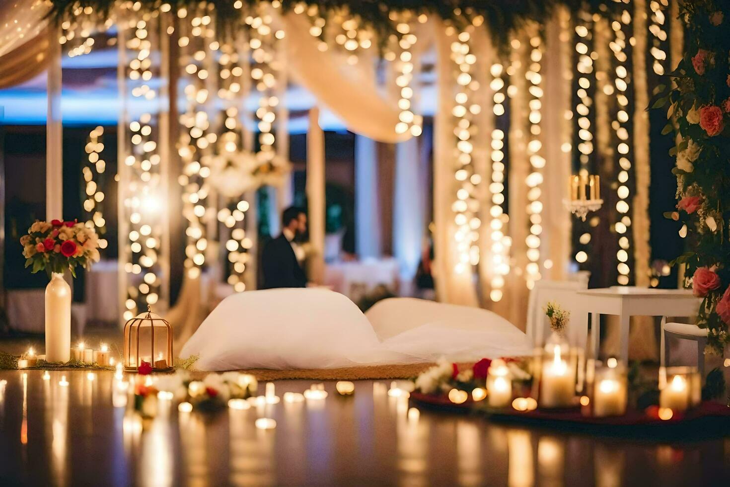 en bröllop ceremoni med ljus och lampor. ai-genererad foto