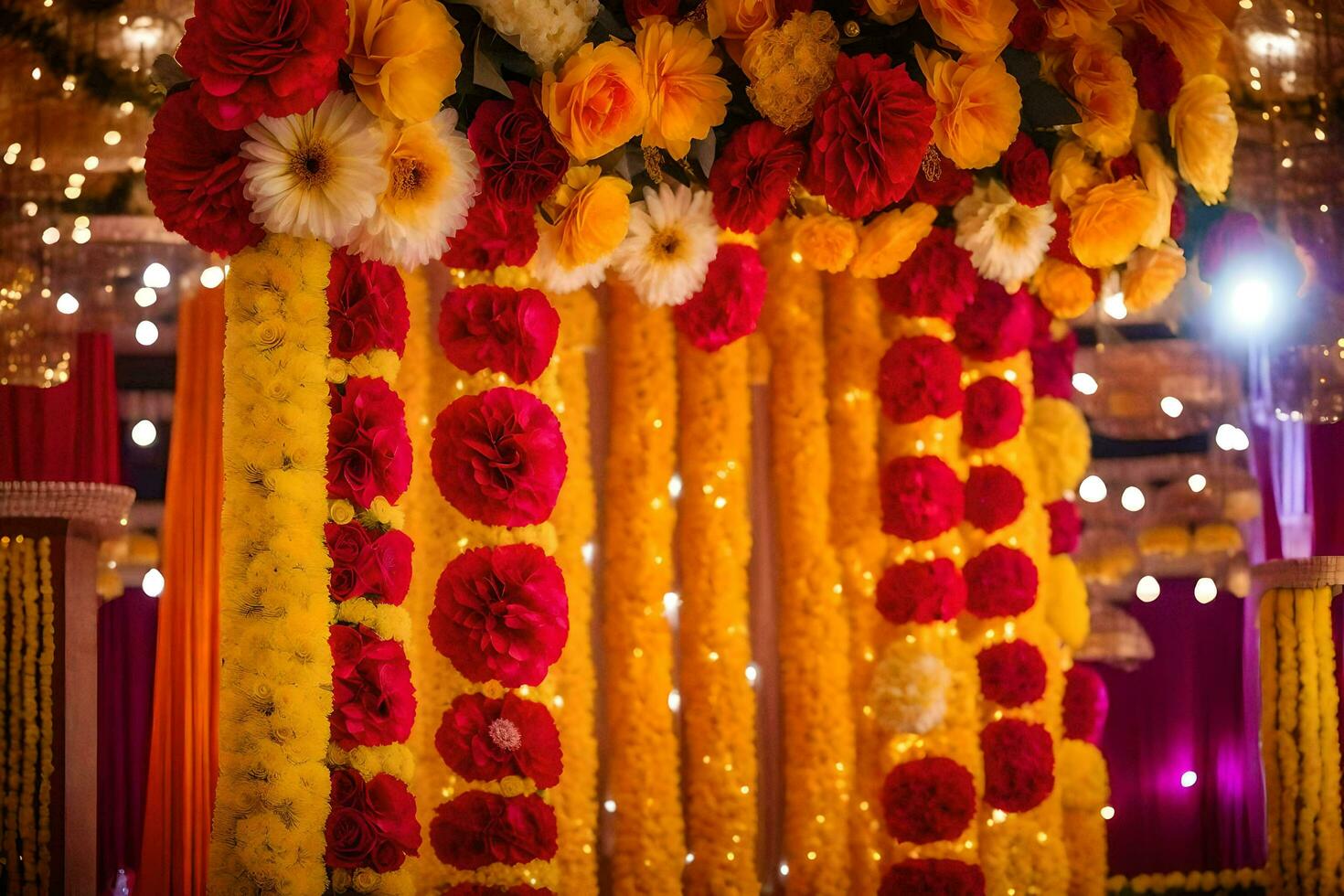 en färgrik bröllop skede dekorerad med blommor. ai-genererad foto
