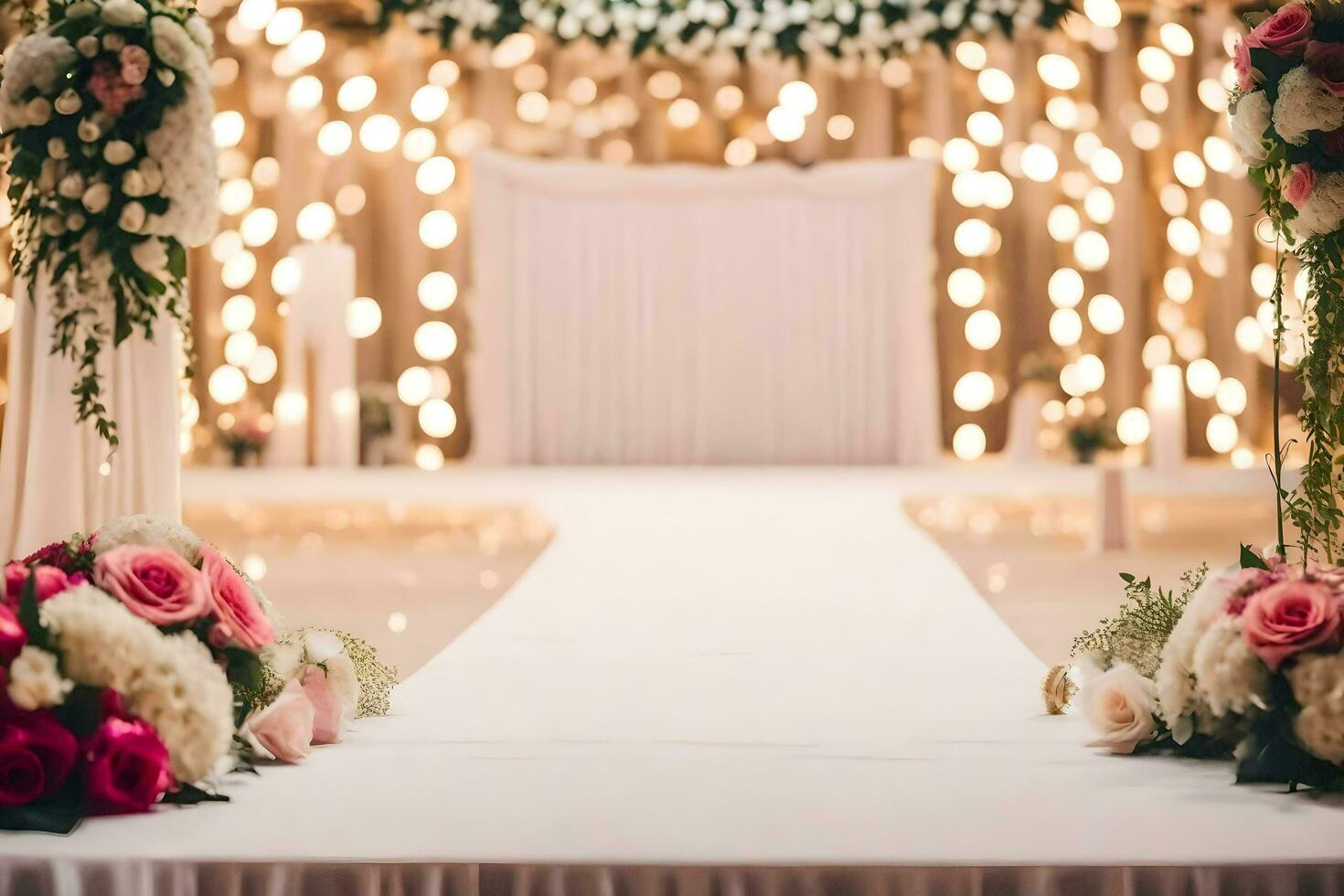 en bröllop gång dekorerad med blommor och lampor. ai-genererad foto