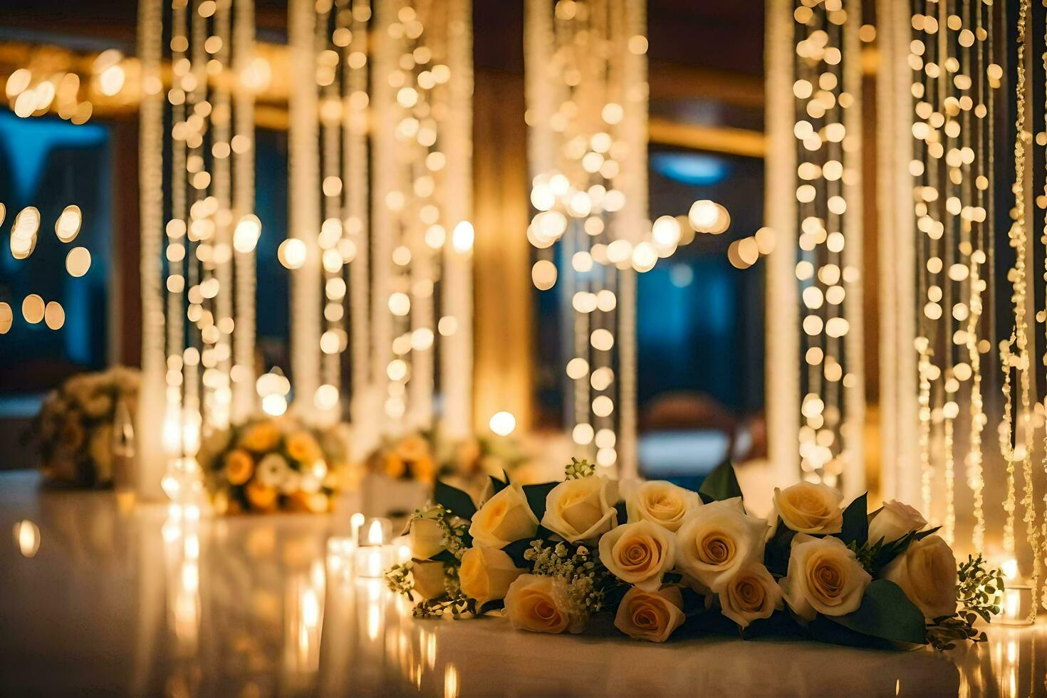 en bröllop ceremoni med ljus och lampor. ai-genererad foto