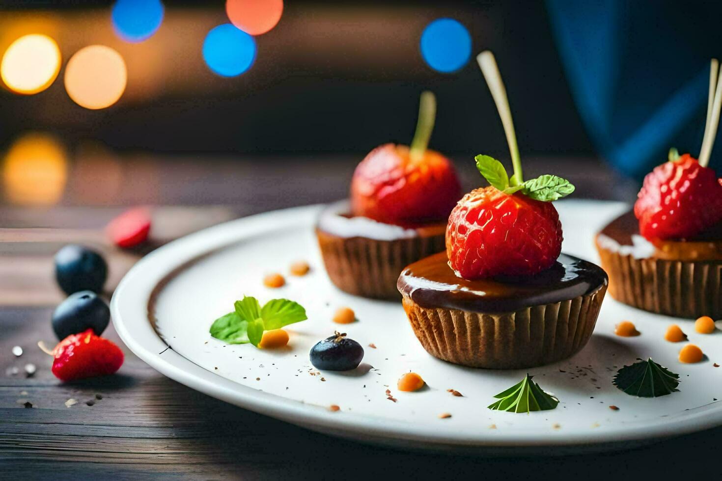 tre muffins med jordgubbar och choklad på en tallrik. ai-genererad foto