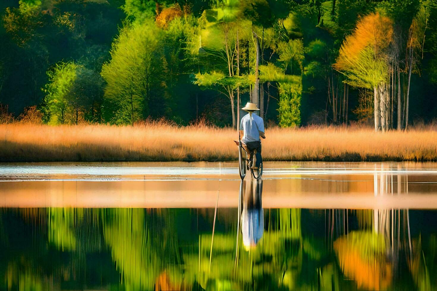 en man är stående på en sjö med en hatt. ai-genererad foto