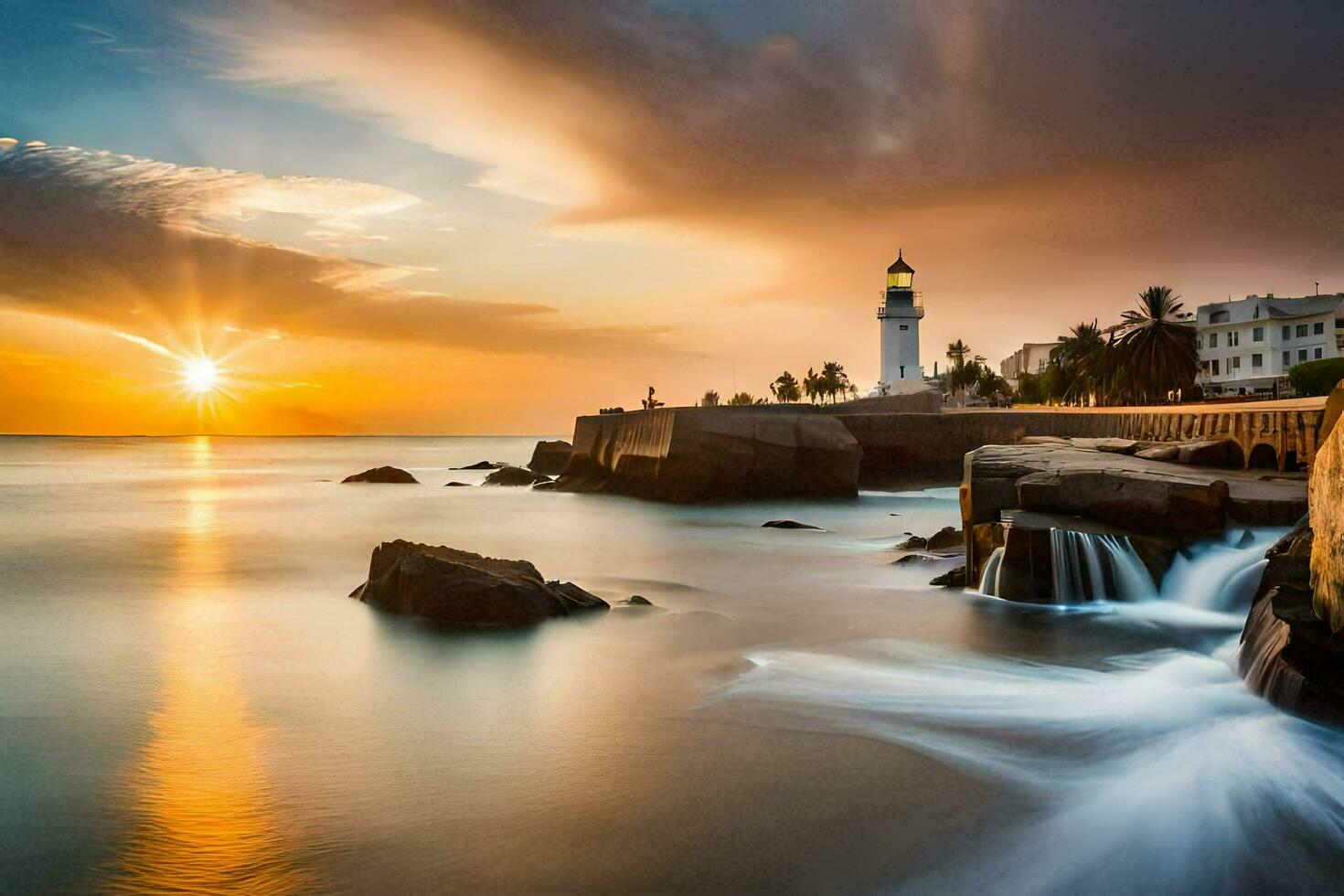 de Sol uppsättningar över de fyr och de vatten falls in i de hav. ai-genererad foto