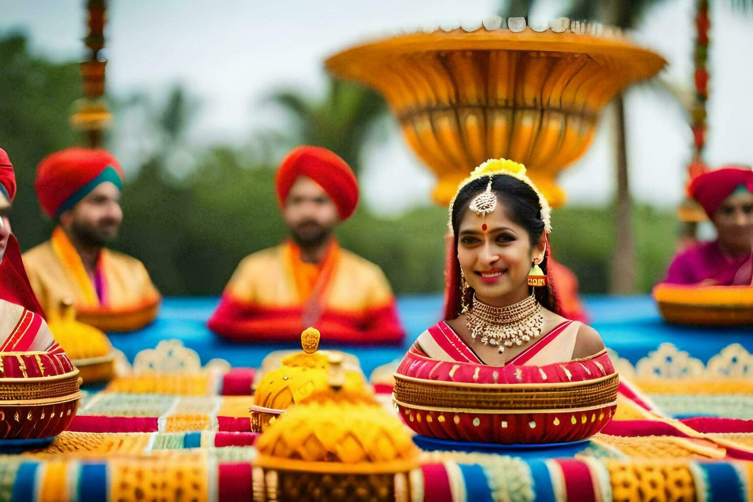 en brud och brudgum i traditionell indisk klädsel. ai-genererad foto