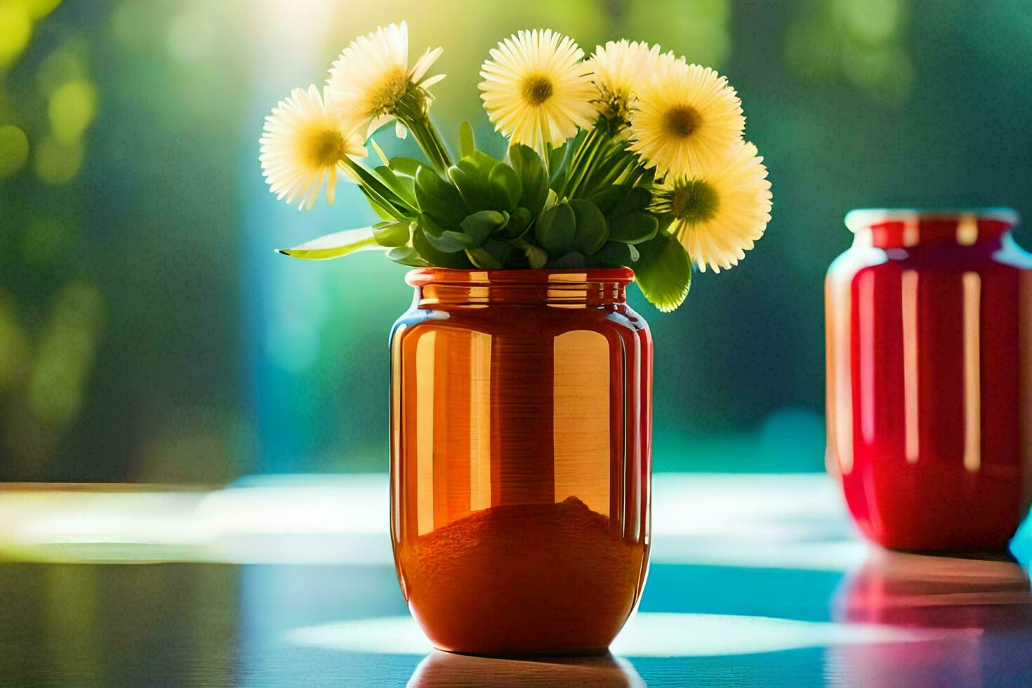 två röd vaser med blommor på en tabell. ai-genererad foto