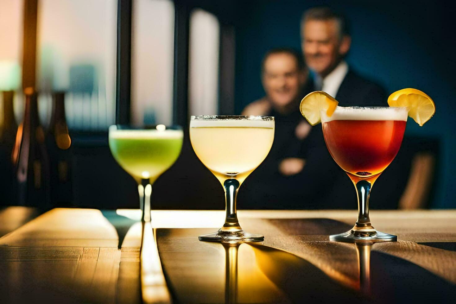 tre annorlunda cocktails är fodrad upp på en tabell. ai-genererad foto