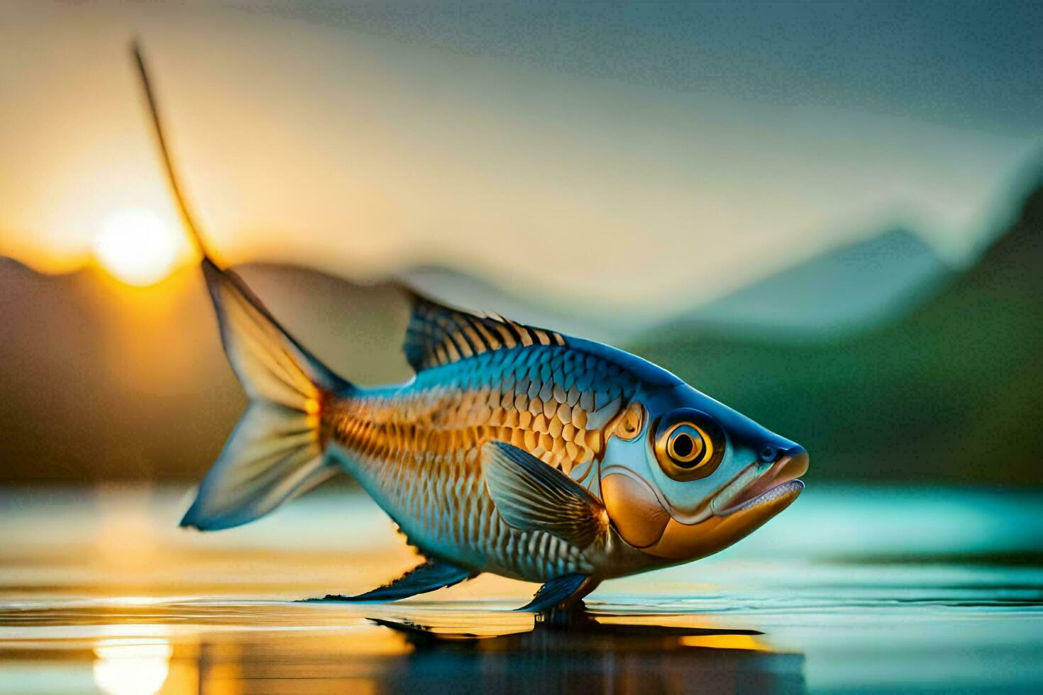 en fisk är stående på de vatten på solnedgång. ai-genererad foto