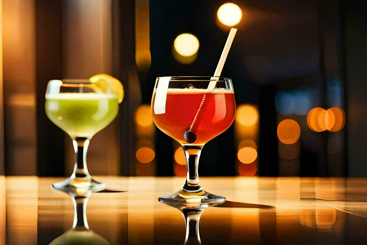 två glasögon av cocktails på en bar disken. ai-genererad foto