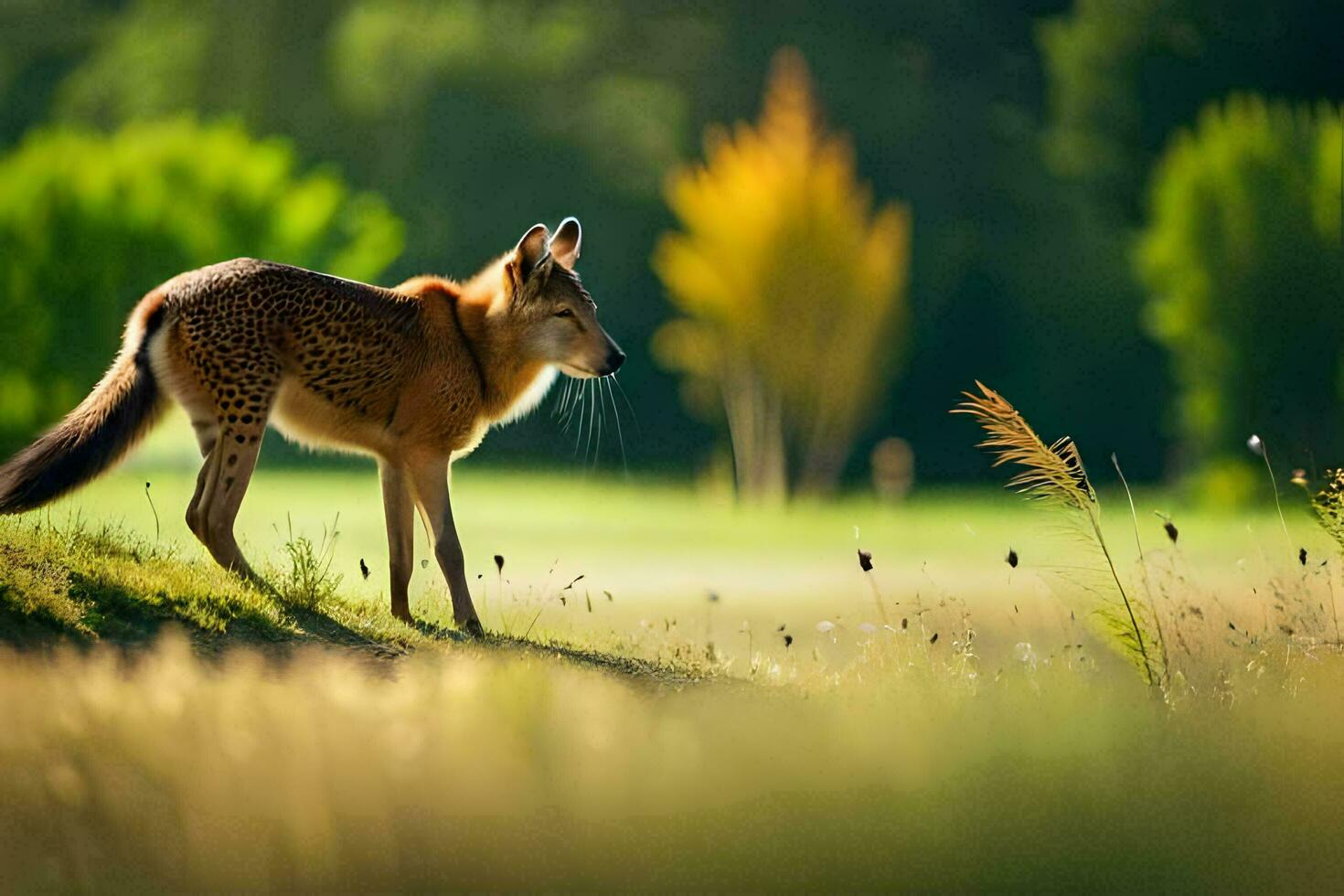 en räv är stående på en gräs- kulle. ai-genererad foto