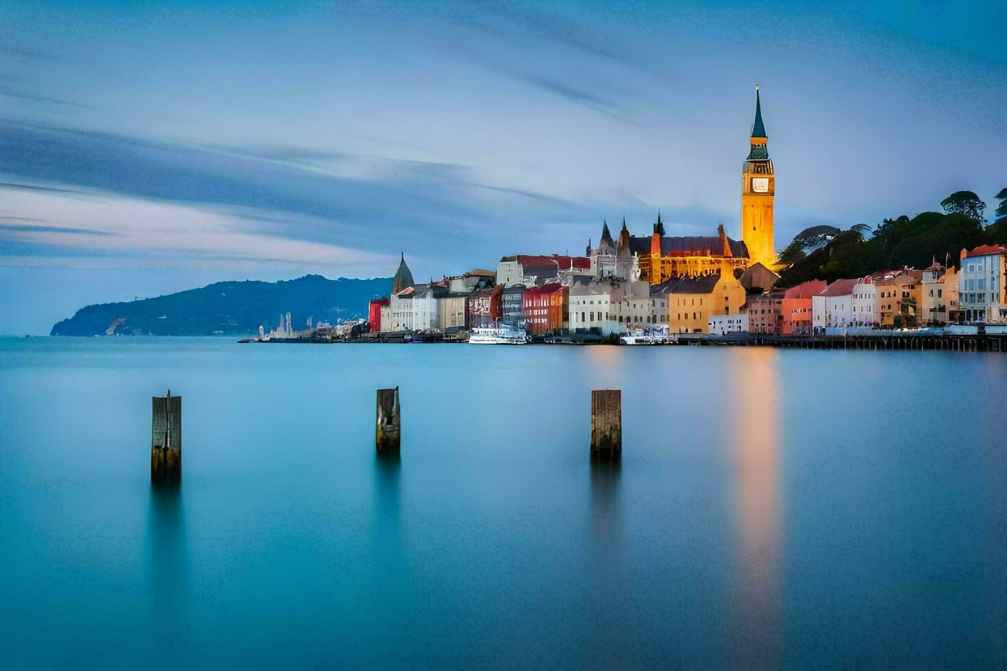 de stad av ljubljana, kroatien, på skymning. ai-genererad foto