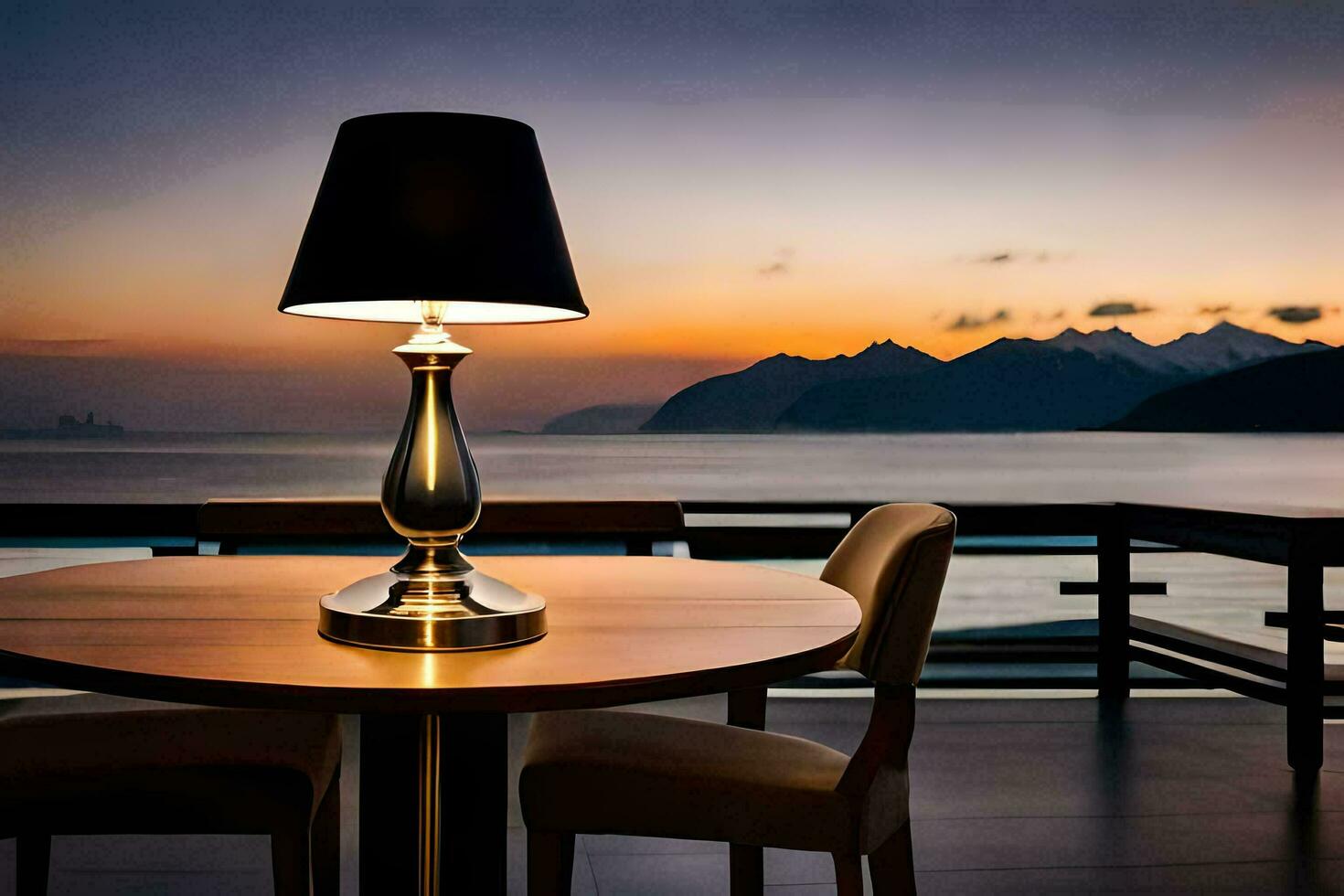 en tabell och lampa på en tabell i främre av en se av de hav. ai-genererad foto
