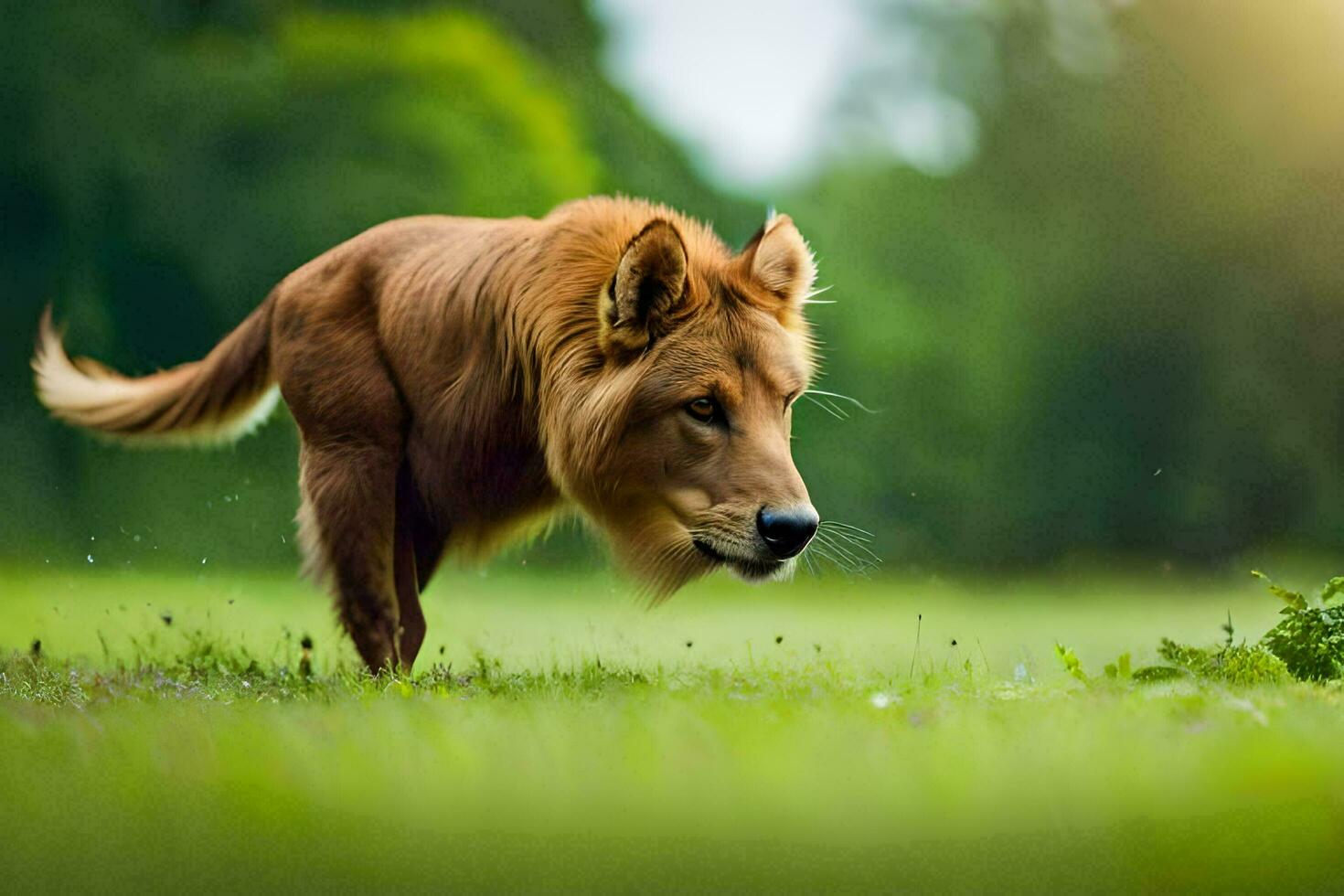 en hund är gående genom en fält. ai-genererad foto