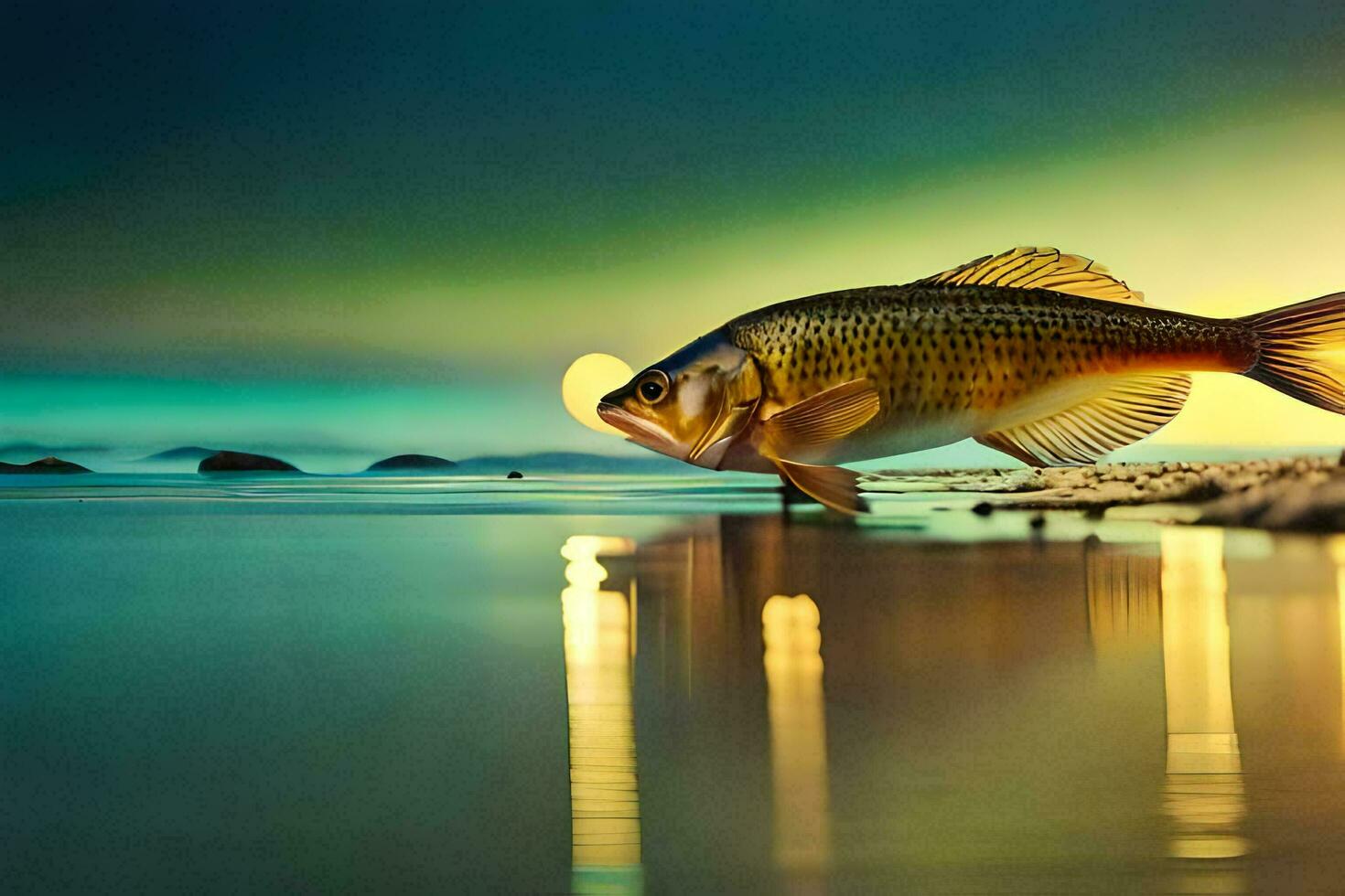 en fisk är stående på de strand på solnedgång. ai-genererad foto