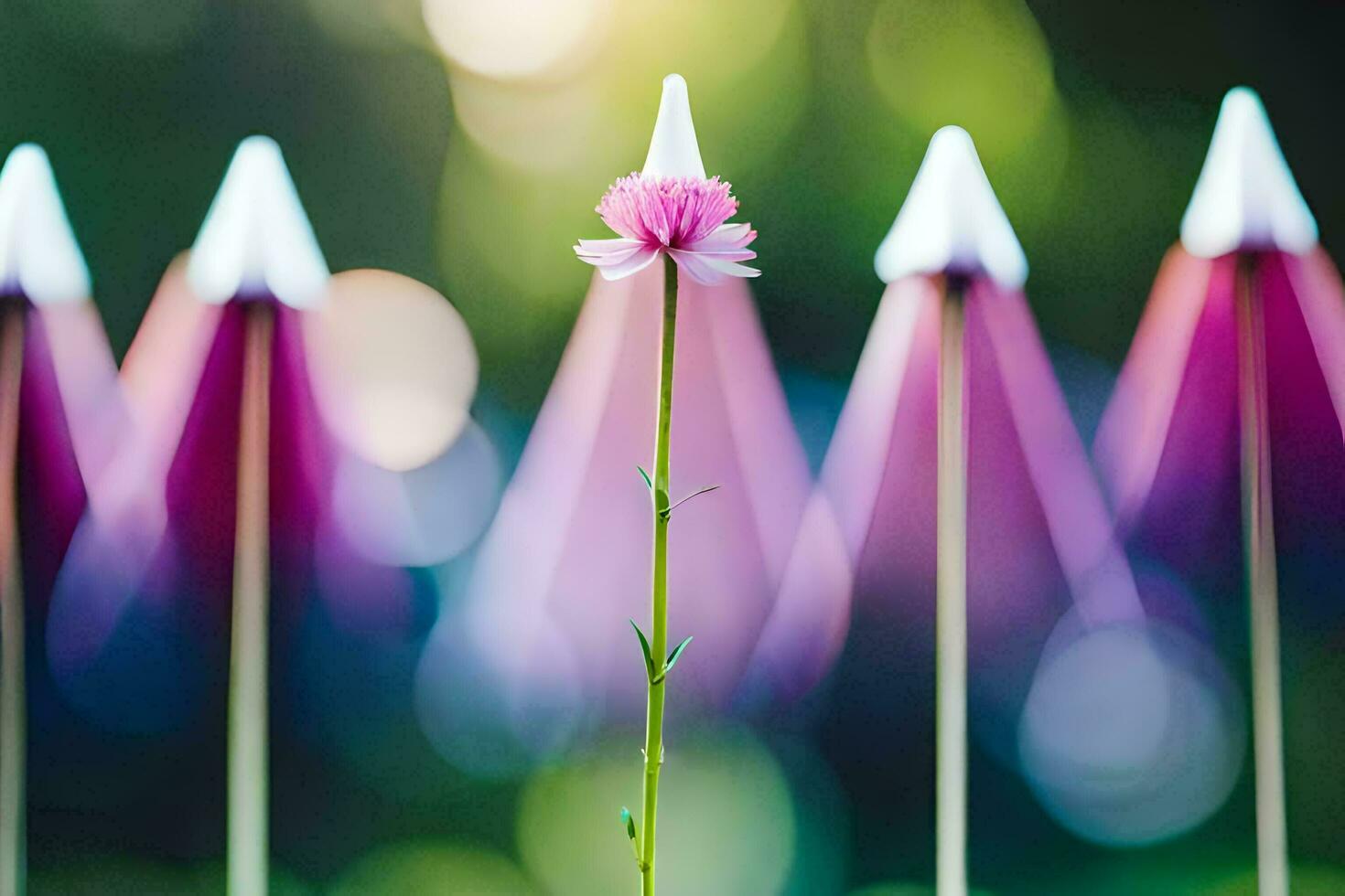 en enda rosa blomma är stående i främre av en rad av vit papper pilar. ai-genererad foto