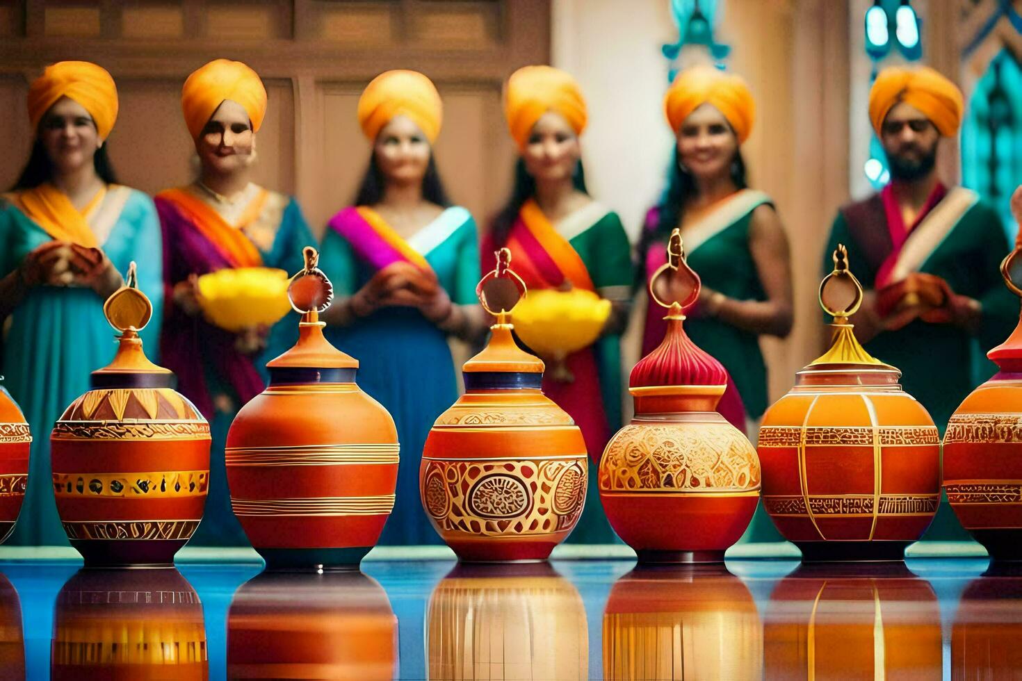 en grupp av kvinnor i färgrik turbaner stående Nästa till färgrik vaser. ai-genererad foto
