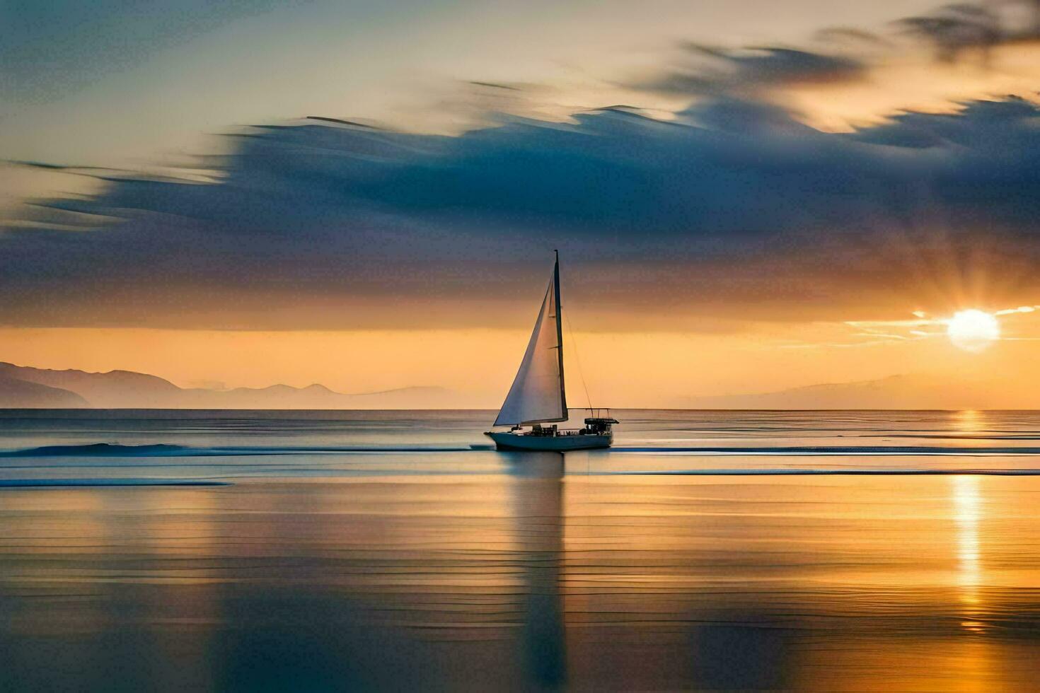 en segelbåt är segling i de hav på solnedgång. ai-genererad foto