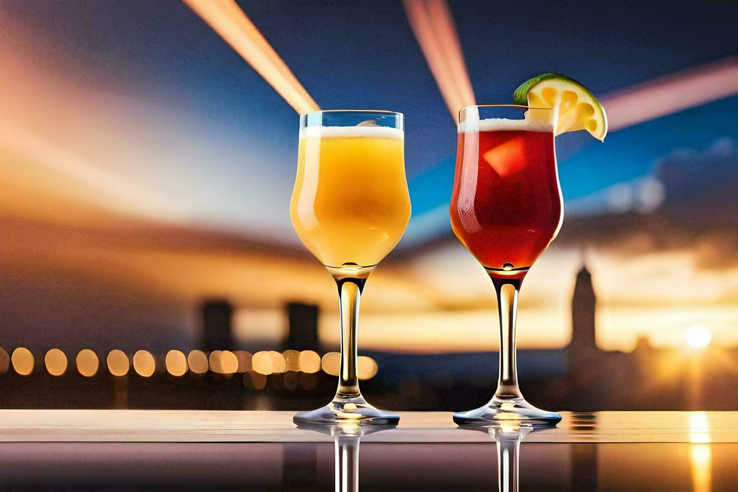 två glasögon av cocktails med en solnedgång i de bakgrund. ai-genererad foto