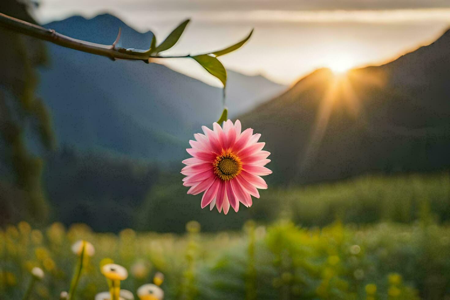 en rosa blomma är hängande från en gren i främre av en berg. ai-genererad foto