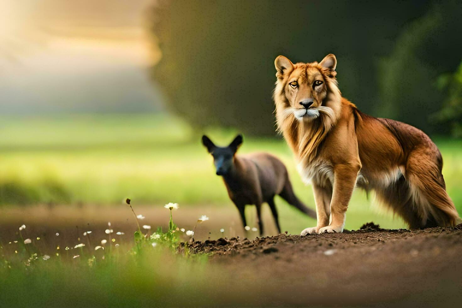 en lejon och en get stående i de mitten av en fält. ai-genererad foto