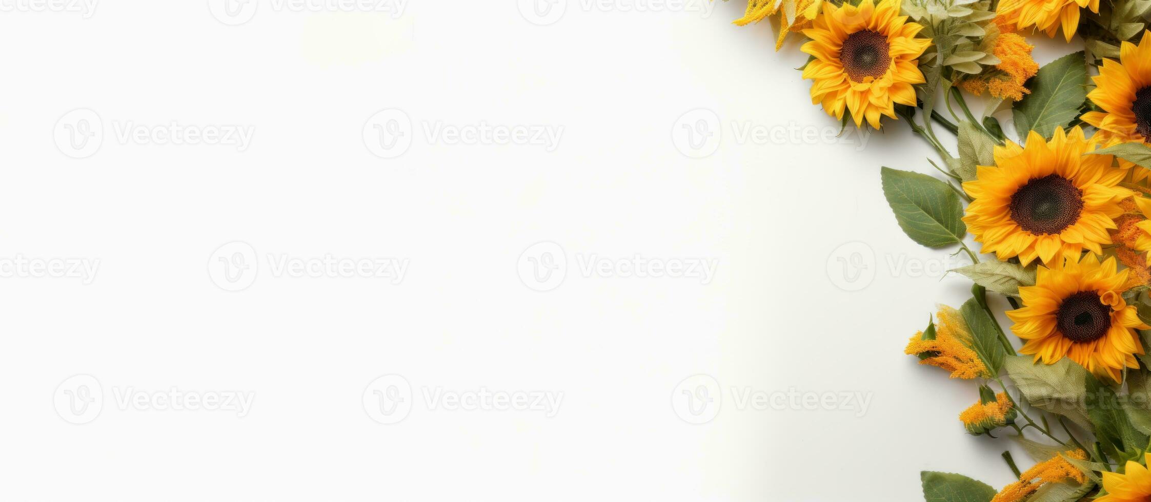 gul blommor solros med löv på vit bakgrund med Plats för text baner ai genererad foto