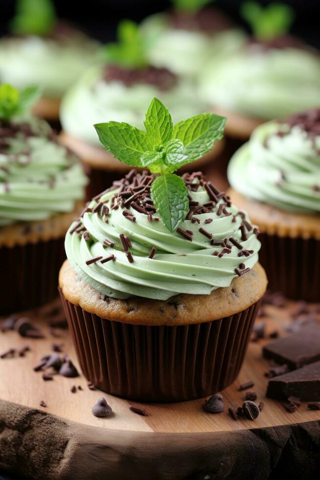 mynta choklad chip muffins med mynta glasyr och choklad spån foto