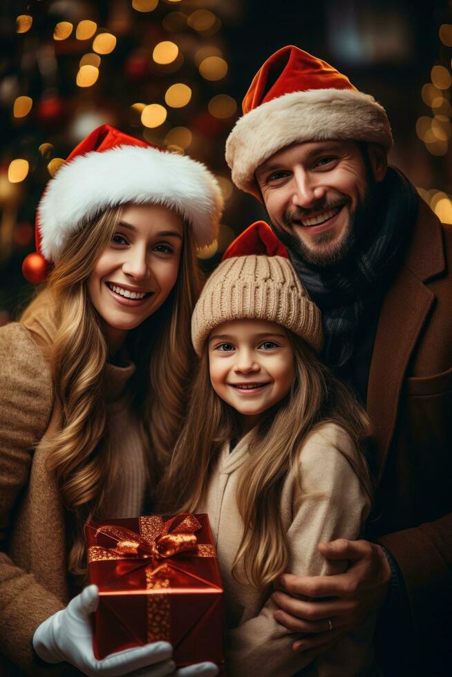 Lycklig familj i santa hattar med gåvor och dekorationer foto
