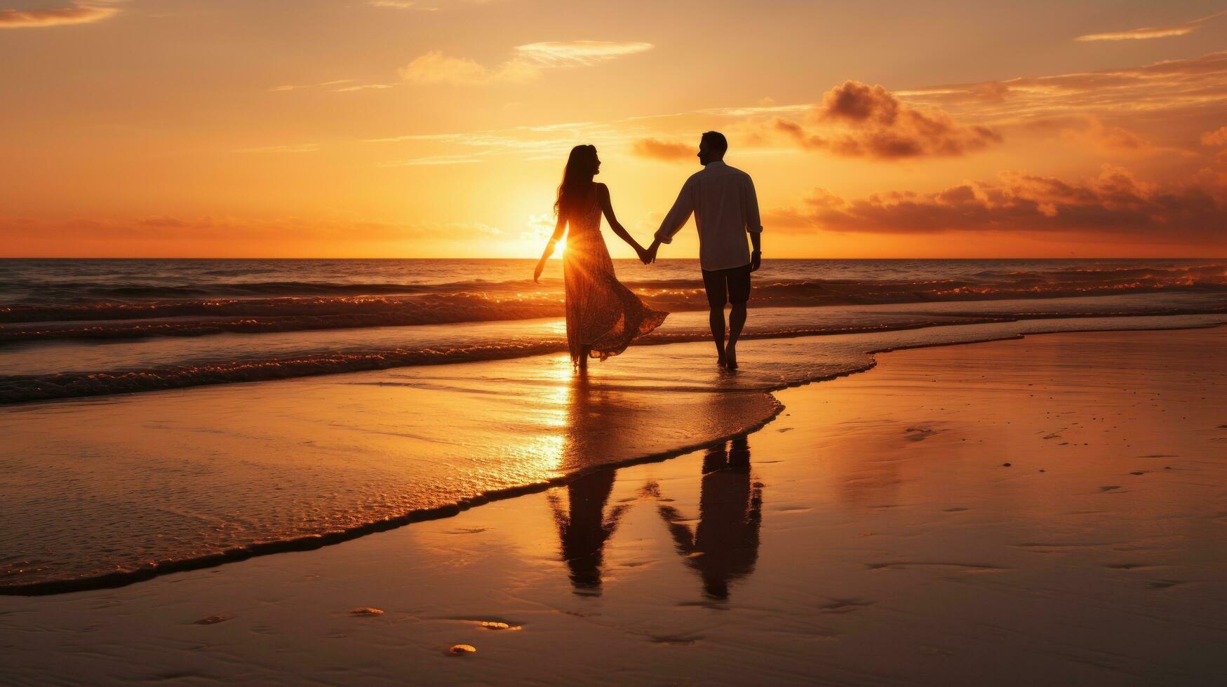 par gående hand i hand på en strand på solnedgång foto