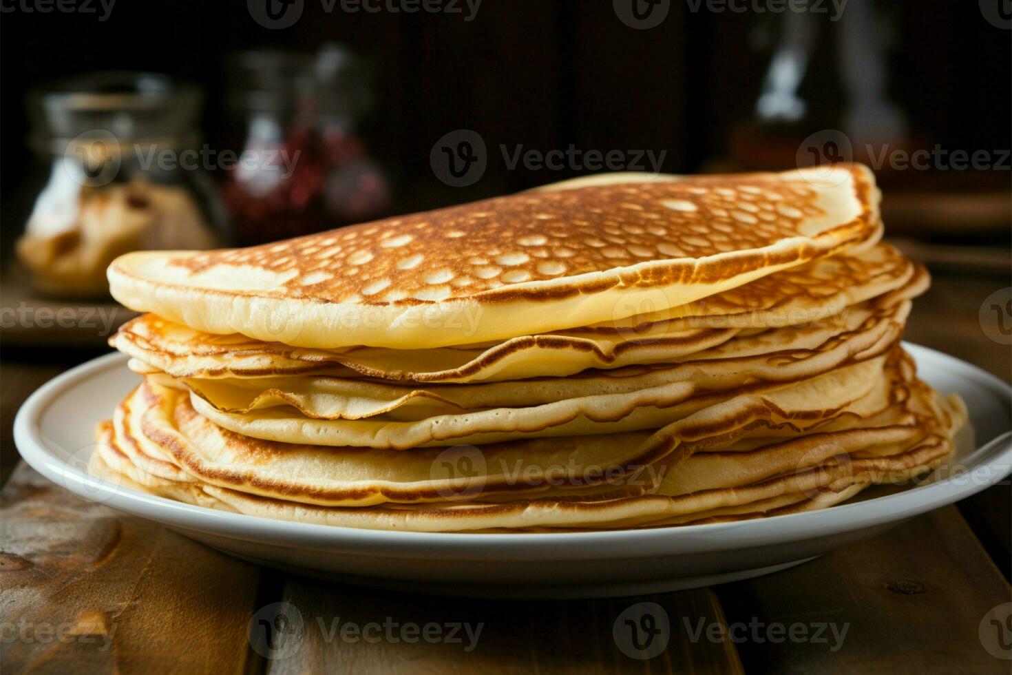 tallrik av tunn pannkakor, stänga upp på en trä- bakgrund ai genererad foto