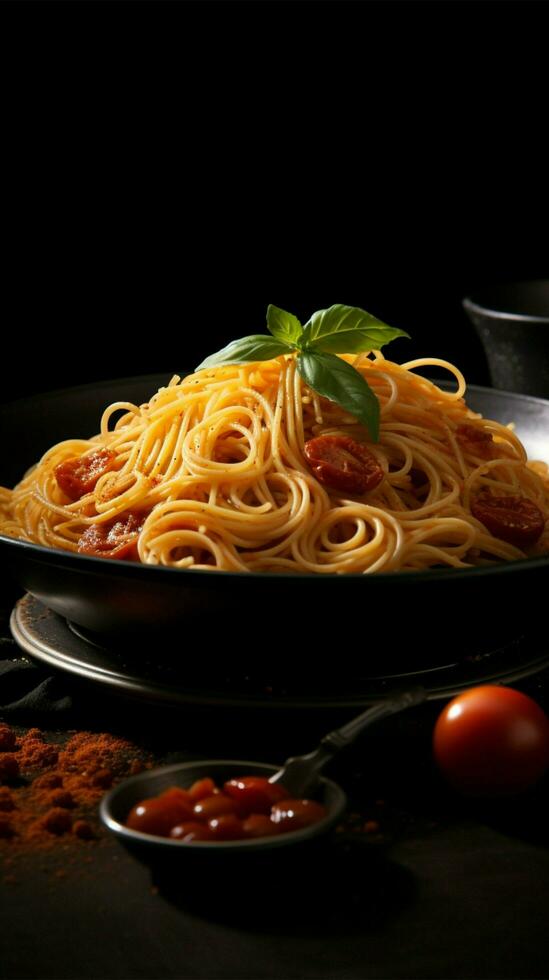 italiensk mat. spaghetti pasta i svart tallrik på mörk bakgrund ai genererad foto