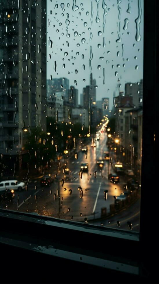 regndroppar över de fönster med byggnader av de stad i de bakgrund ai genererad foto