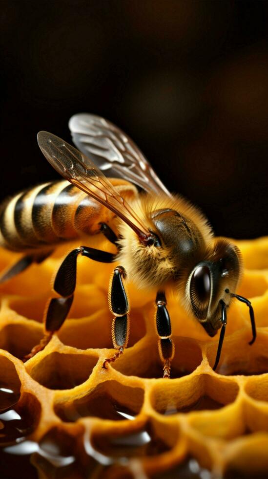 honungsälskande bi på hårkam yta med kopia Plats ai genererad foto