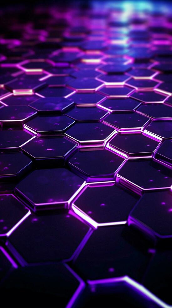 abstrakt mörk bakgrund med lila lysande hexagoner, teknologi, neon vertikal mobil tapet ai genererad foto
