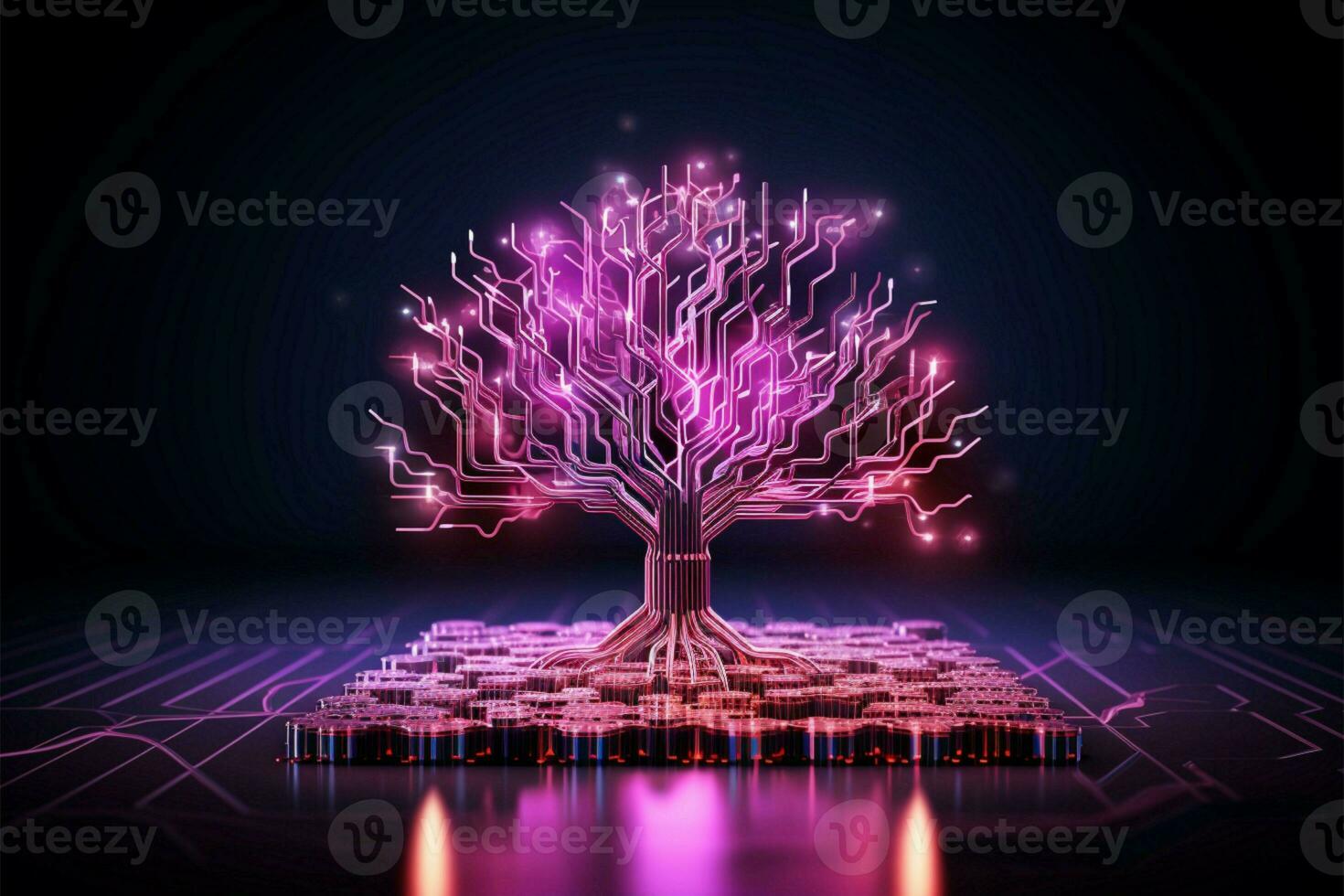 mörk bakgrund med 3d krets träd i rosa och lila ai genererad foto