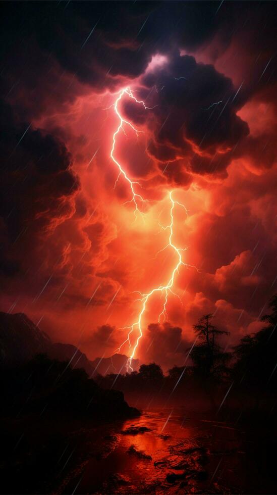 grubblande, apokalyptisk atmosfär med levande röd blixt- i de himmel vertikal mobil tapet ai genererad foto