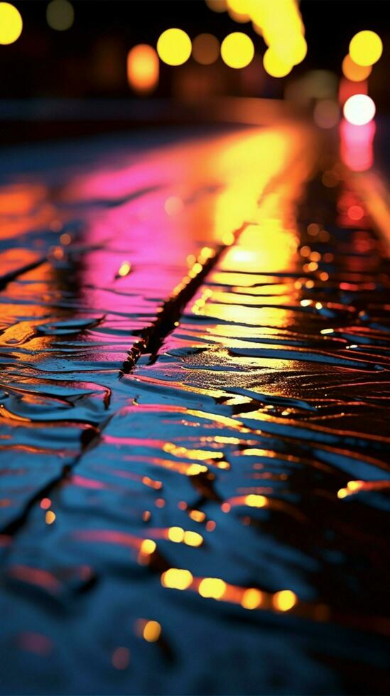 abstrakt spela av ljus på våt asfalt med neon reflektioner vertikal mobil tapet ai genererad foto