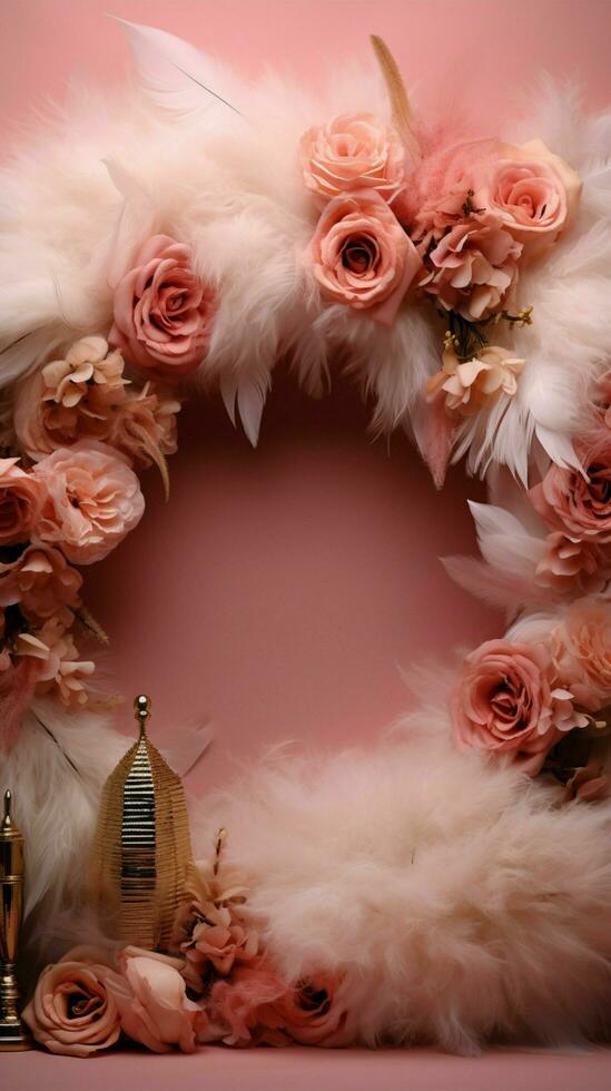 elegant bröllop bakgrund Utsmyckad med guld ringar, Eustoma rosor, och rosa fjädrar vertikal mobil tapet ai genererad foto