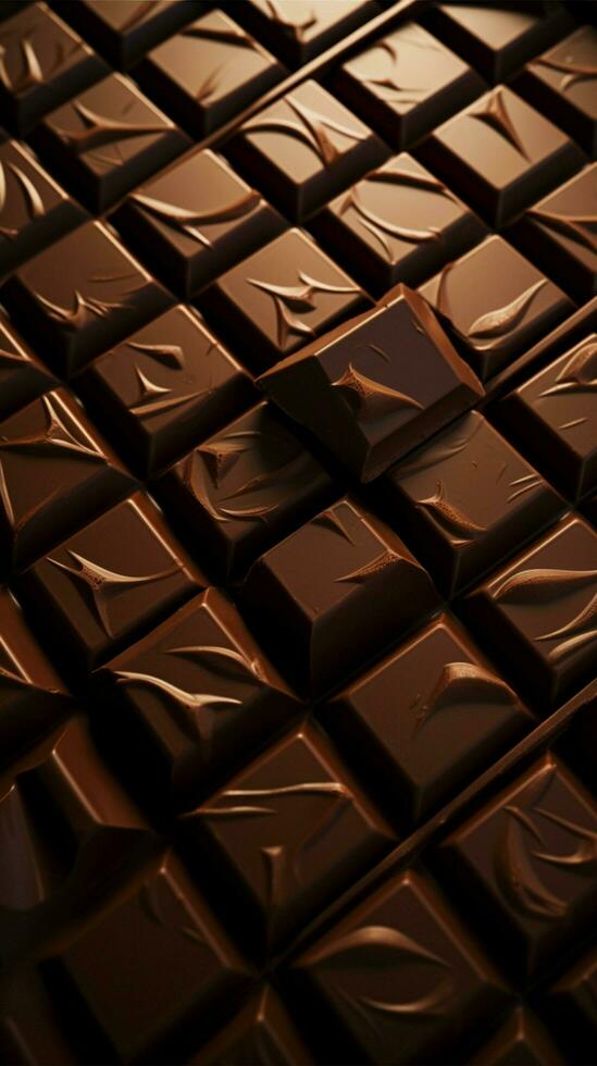 himmelskt choklad geometri, närbild av exakt mörk choklad bar bricka arrangemang vertikal mobil tapet ai genererad foto