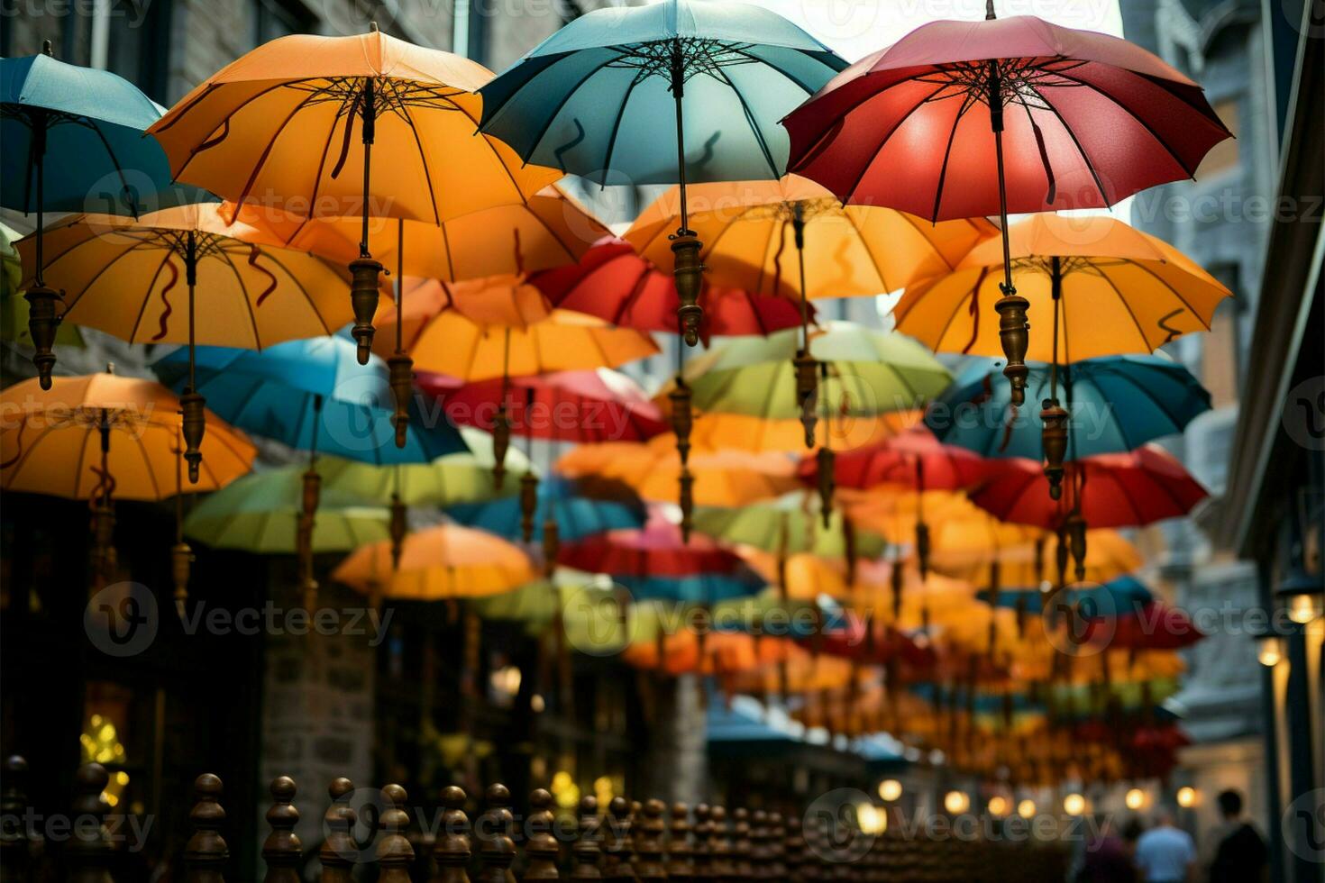 blandad öppen parasoller smycka de visa, en levande visuell glädje ai genererad foto
