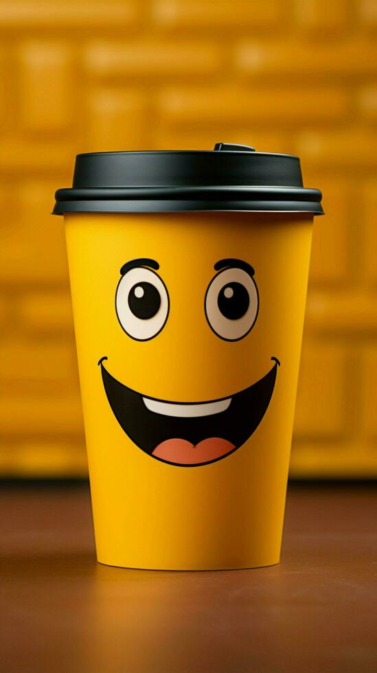 förtjusande kaffe kopp persona på gul bakgrund, sportslig en flin kopia vänlig atmosfär vertikal mobil tapet ai genererad foto