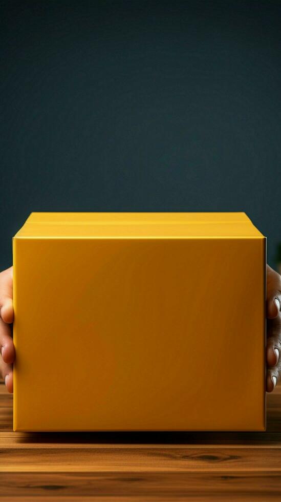 låda hölls förbi hand, visat upp mot telefon och gul bakgrund konstnärlig synergi vertikal mobil tapet ai genererad foto
