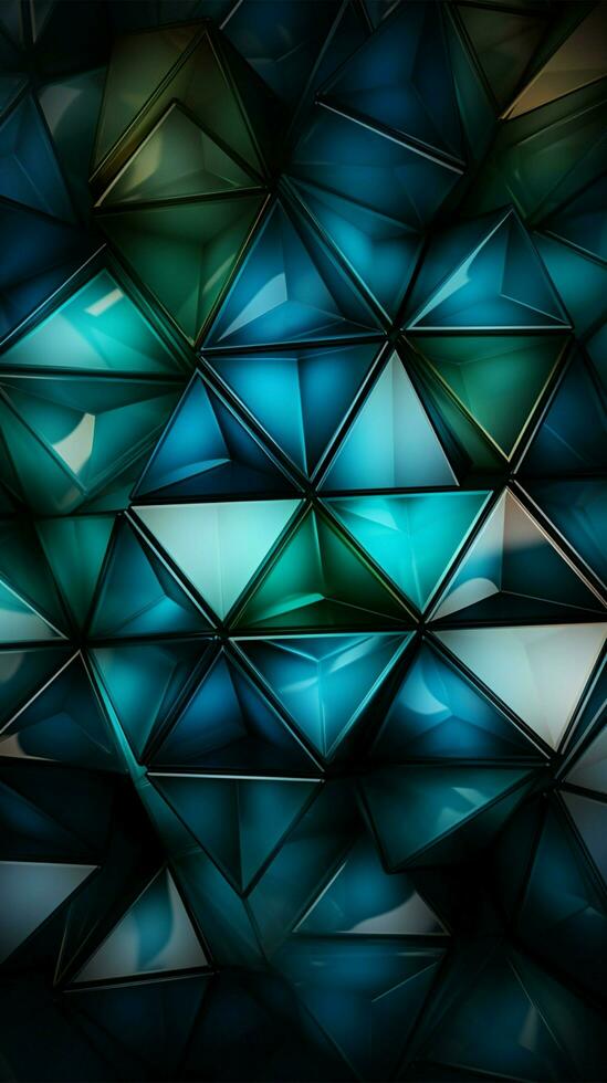rikt färgad trianglar konvergerar djup blå, grön, vit, och vibrerande cyan vertikal mobil tapet ai genererad foto