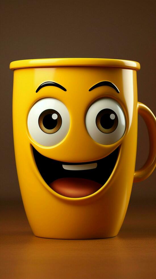 leende java kopp karaktär lyser på gul en söt ansikte med kopia Plats vertikal mobil tapet ai genererad foto