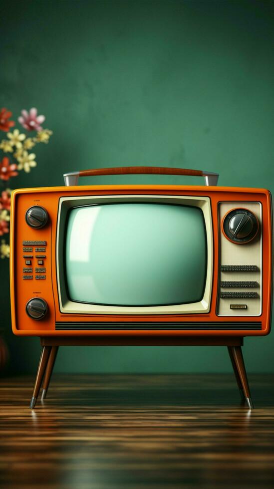 årgång vibrafon, gul orange TV nådar trä tabell mot lugnande mynta blå bakgrund vertikal mobil tapet ai genererad foto
