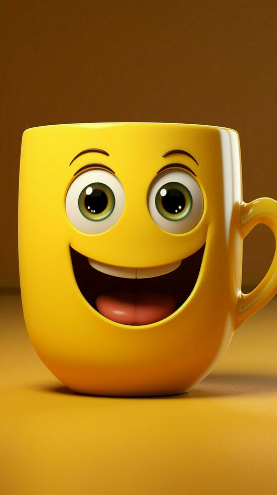 gul bakgrund värdar förtjusande kaffe kopp karaktär, leende rum för anpassning vertikal mobil tapet ai genererad foto